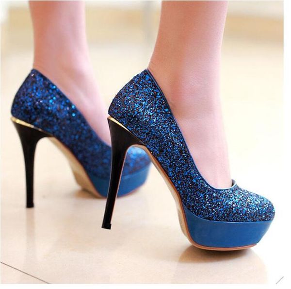 

new sparkling women waterproof platform night club high heels fashion ladies sequins dress shoes formal occasions white blue avaliable, Black