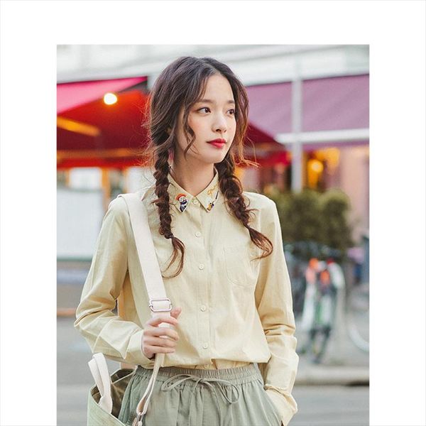 

inman spring autumn 100%cotton pretty embroidery turn down collar all matched solid literary women blouse drop shipping, White