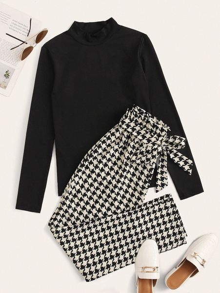 

mock neck solid tee & belted houndstooth pants j0wb#, White
