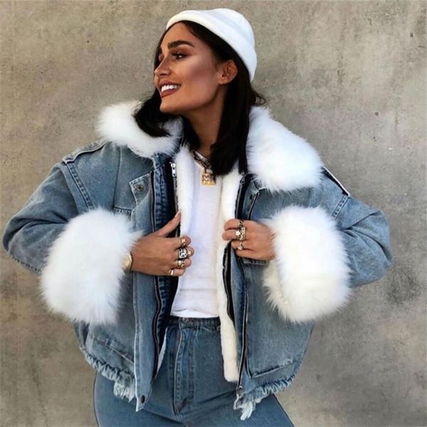 

winter warm lamb faux fur collar women denim jacket coat big pocket ladies jackets thick loose denim coats for woman new 201210, Black;brown