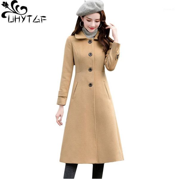 

uhytgfwomen winter jacket new quality autumn wool coat single-breasted slim long coat solid color wild plus size jacket 9471, Black