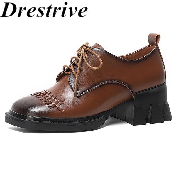 

dress shoes drestrive women pumps full genuine leather square toe lace up thick heels black 2021 spring cow casual woman