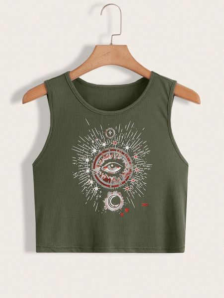 

plus eye & moon print tank n8js#, Black