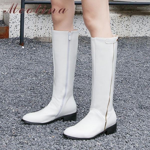 

boots meotina winter riding women zipper thick heels knee high pu leather round toe long shoes ladies fall big size 33-431, Black