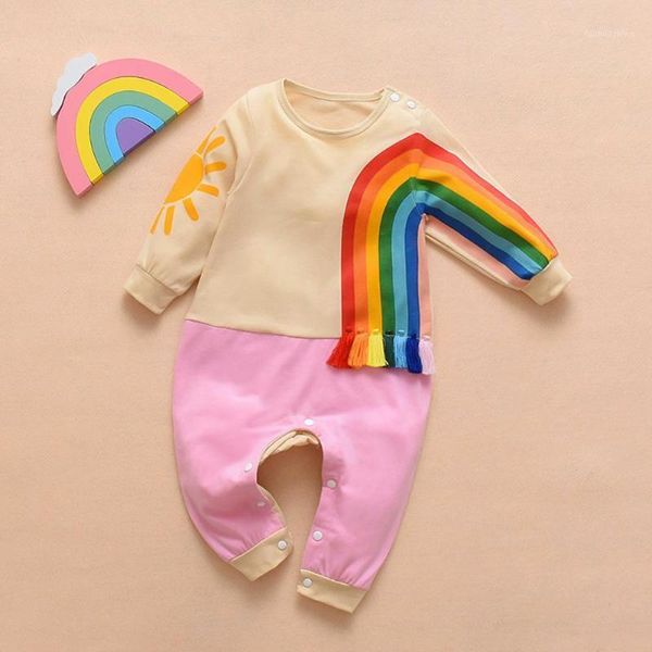 

clothing sets toddler baby jumpsuits cotton round collar long sleeve rompers rainbow splicing boys girls sunsuit leisure homewear1, White
