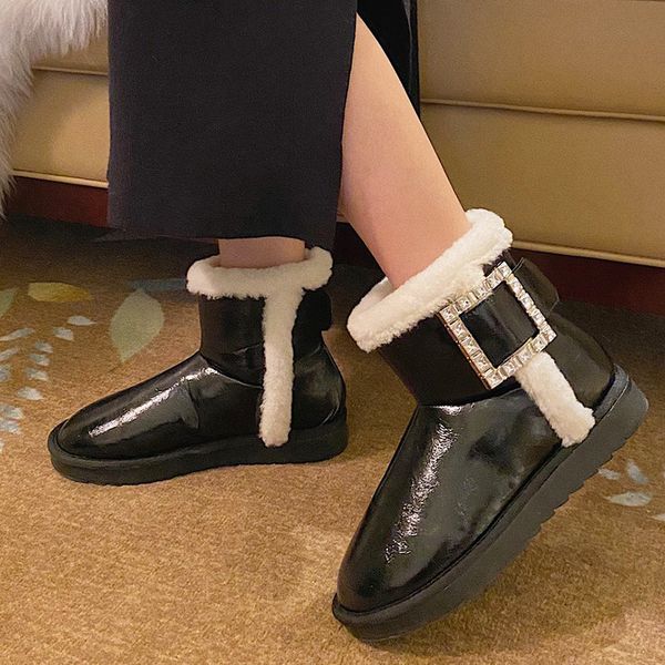 

black silver crystal fashion buckle snow boots dwaterproof water plutonium leather ankle women winter skin lady shoes