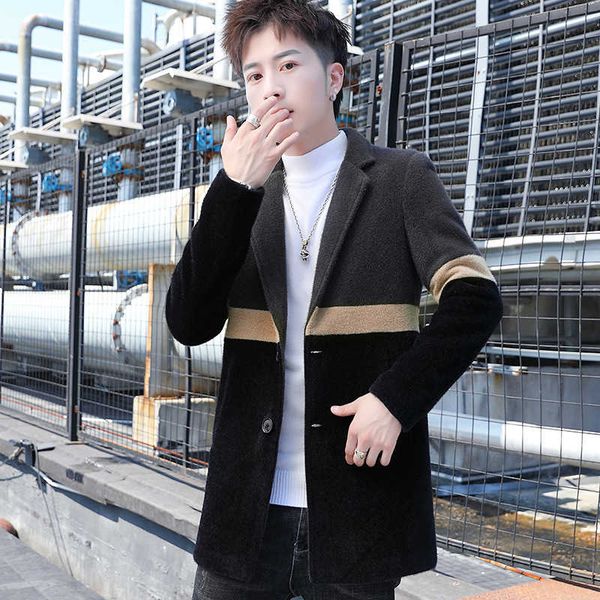 

cotton new windbreaker korean slim trend woolen men's cloth medium length coat autumn and winter, Tan;black