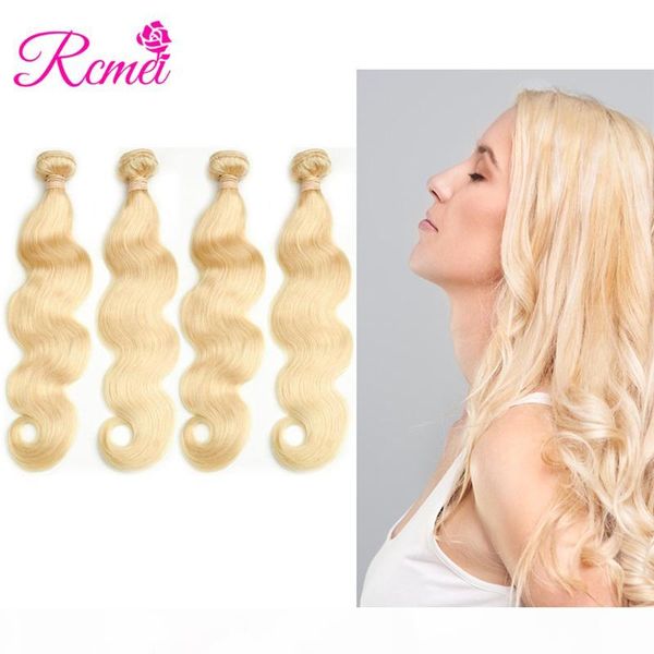 

rcmei peruvian 613# body wave blonde hair bundles #613 remy hair 4 piece platinum blonde human hair weaving keep curly well, Black