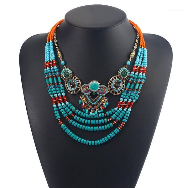 

bohemian vintage handmade beaded necklace women's multi-layered blue color choker clothing accessories necklace1, Golden;silver