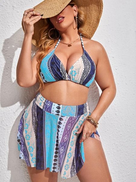 

3pack plus paisley print halter bikini swimsuit & beach skirt g6fs#, Black