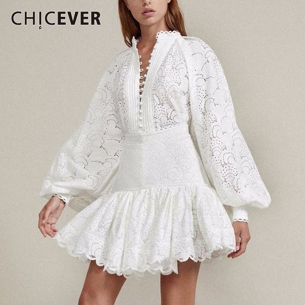 

chicever hollow out shirt skirt two piece sets female lantern sleeve blouse women high waist patchwork lace skirt suit 201201, White