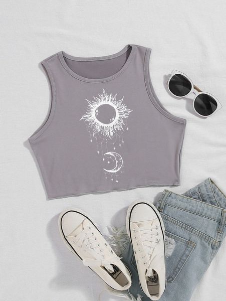 

sun and moon print crop tank y2kt#, White