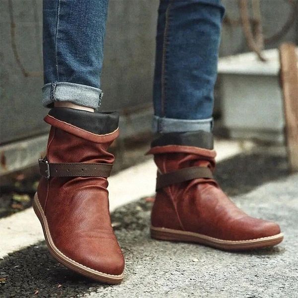 

women boots shoes 2020 retro pu leather short boots round toe buckle comfortable flat autumn winter high ankle #hs7r