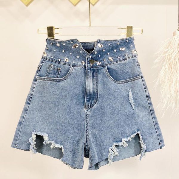 

women's high waist denim shorts with rhinestones worn out summer new wide-legged thin a-line shorts 10201, White;black