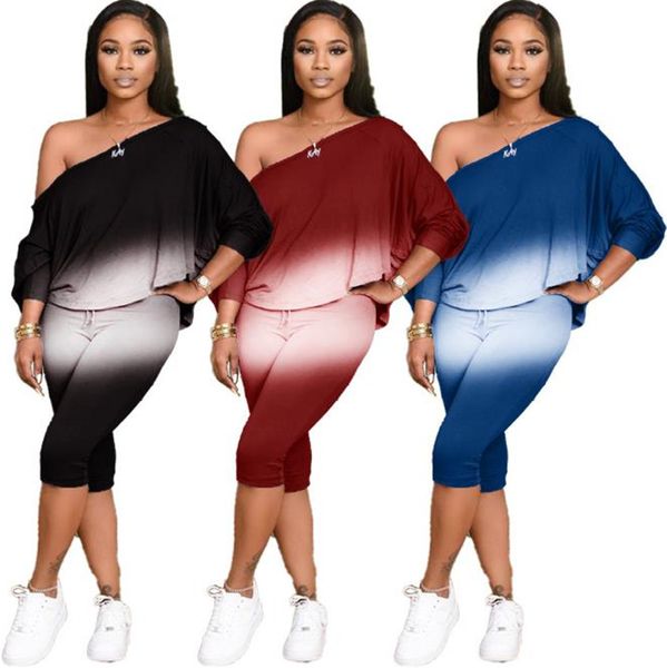 

slant collar womens tracksuits plus size summer two piece sets for womens loose gradient color female clothes, Gray