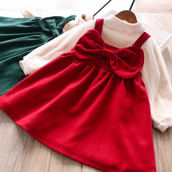 

clothing sets girls' velvet knitted bow thirt and vest dress in autumn / winter 2021, White