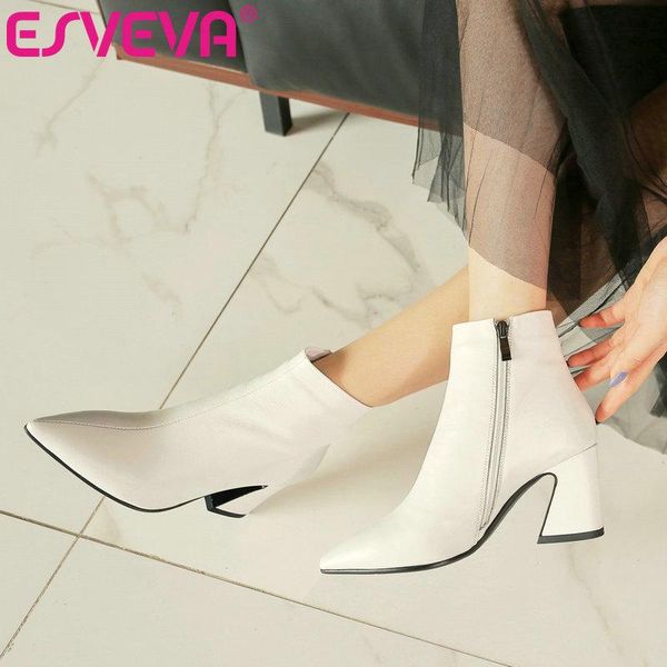 

esveva 2020 women shoes winter ankle boots all match pointed toe leather+pu square high heel motorcycle platform boot size 34-43, Black