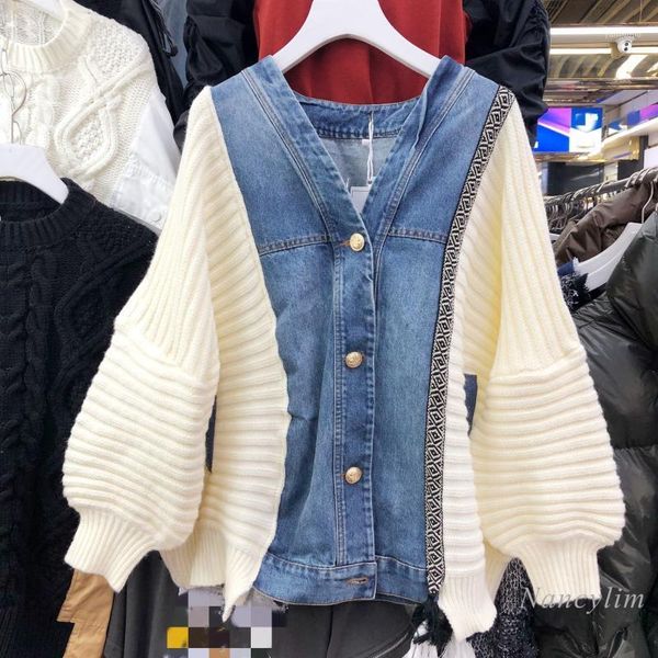 

denim patch knitted jacket for women 2021 spring new v-neck loose coat ]1, Black;brown