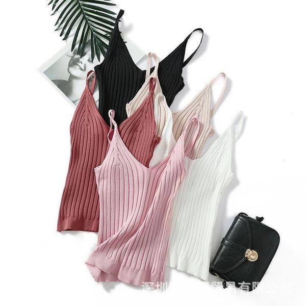 

new summer womens wear knitted v collar sleeveless pure color scuff sling short vest, White;black