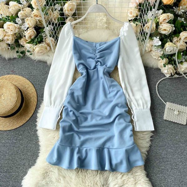 

women patchwork dress new 2020 spring autumn vintage square neck midi trumpet dress ladies short vestidos mujer1, Black;gray