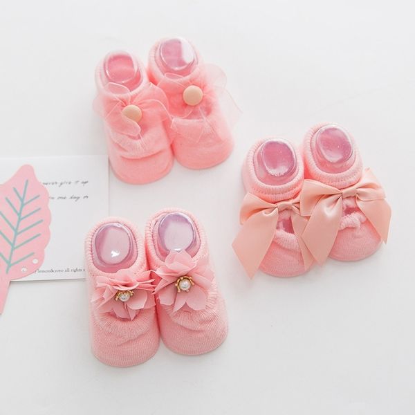 

3 pairs/lot lace flower newborn baby socks cotton anti-slip kids floor socks bow baby girl socks spring summer girls gift y201009, Pink;yellow