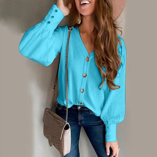 

ropa mujer blusa feminina womens button casual long sleeve v neck button narrow cuff loose solid blouse womens blouse, White