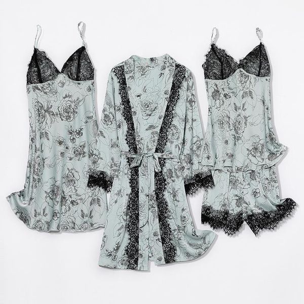 

simple but elegant new silk satin nightgown suits 4pcs women spring summer thin print v-neck nightdress comfortable beauty1, Black;red