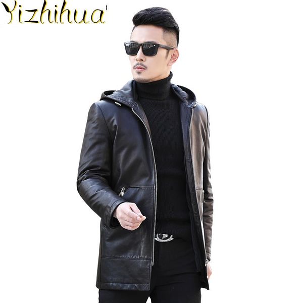 

azazel genuine leather jacket autumn winter long coat men goatskin down jacket hooded hat chaqueta cuero hombre f-8586 kj2435, Black