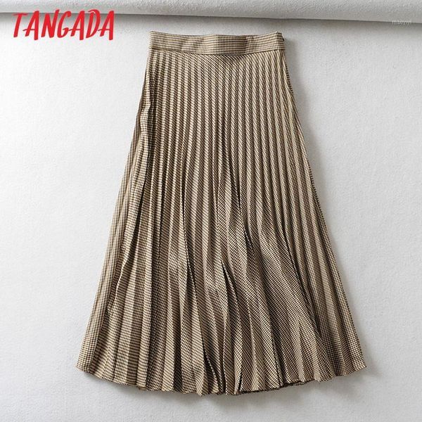 

tangada women plaid pleated midi skirt faldas mujer vintage side zipper office ladies elegant chic mid calf skirts 6a011, Black