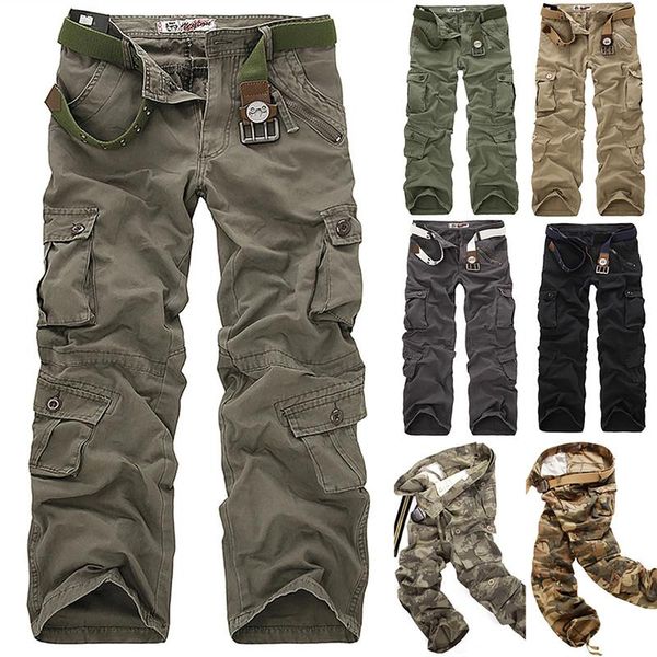 

men's pants cofekate cargo men multi pocket zipper straight trousers retro camouflage workout casual streetwear, Black