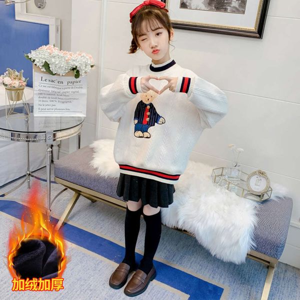 

autumn and winter sweater 2020 girls' new warm foreign sle long sve round neck pullover bear bottomed t-shirt for children, Blue