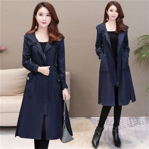 

2021 new trench female red coffee 8-color -3xl plus size with hoodie jacket new korean spring thin coat bhte, Tan;black
