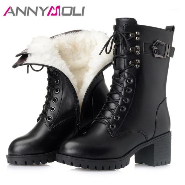 

boots annymoli real leather natural wool fur high heel mid calf women shoes zip buckle lace up ladies motorcycle winter 431, Black