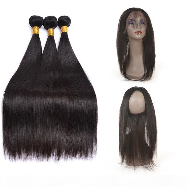 

8a grade brazilian virgin hair bundles straight hair 360 lace frontal with 3 bundles 100% unprocessed virgin human hair extensions, Black;brown
