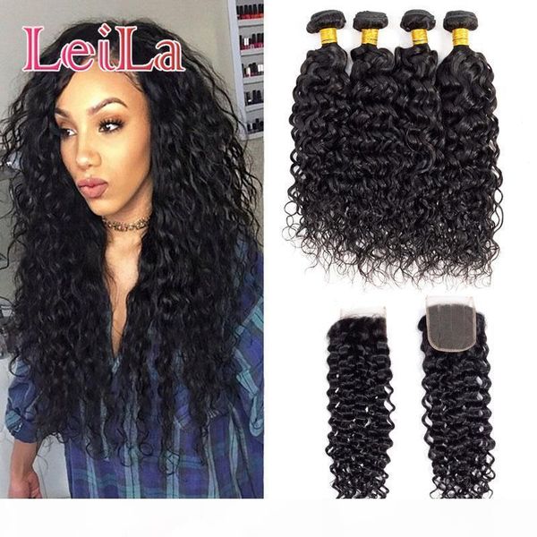 

leila hair water wave brazilian virgin hair bundle with closure weave bundles with closure remy human hair 4 bundles with closure, Black;brown