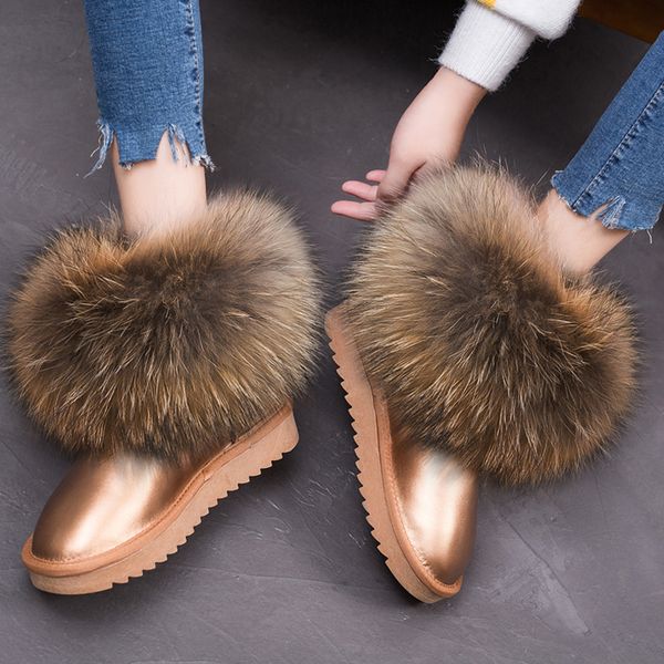 

designer shoes ladies winter boots leather snow boots fox fur women&#39s boots 2018 new real hair warm shoes, Black