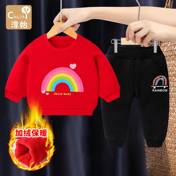 

girls' suit autumn and winter plush sweater children's warm clothes, White