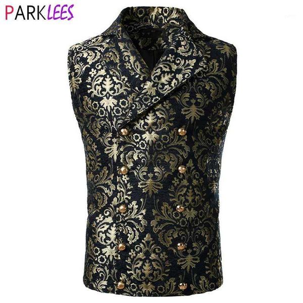 

men's victorian steampunk vest double breasted damask tapestry waistcoat men gothic aristocrat wedding party cosplay gilet homme1, Black;white