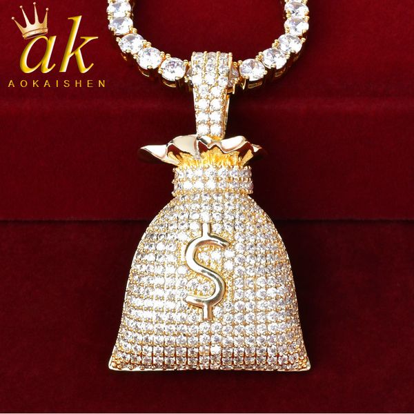 

us dollar money bag pendant necklace with tennis chain gold color bling cubic zircon men's hip hop jewelry q1209, Bronze;silver