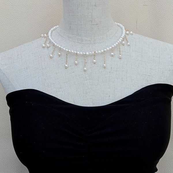 

freshwater cultured white pearl choker necklace 17" q1216, Silver