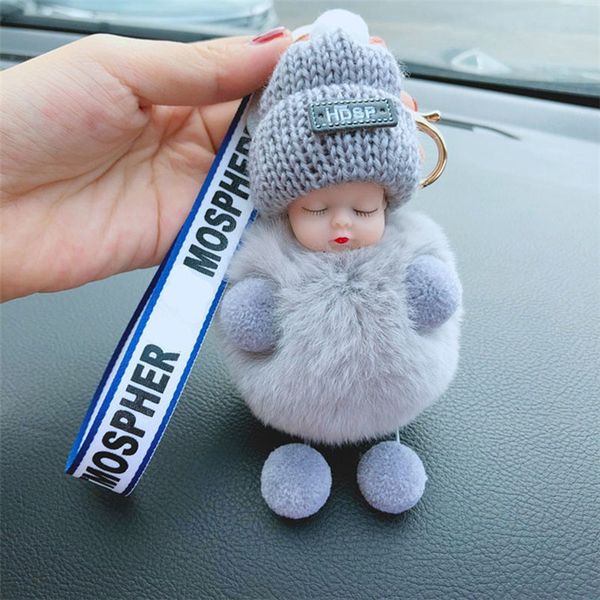 

ball cute pompom sleeping baby fur doll keychain chain car keyring women key holder bag pendant charm accessories, Silver