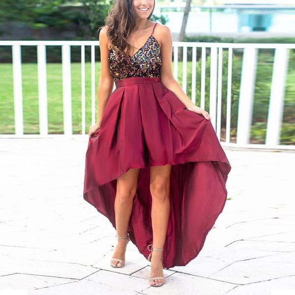 

female elegant v neck sequins beading satin spring summer party evening high low swing dress1, Black;gray