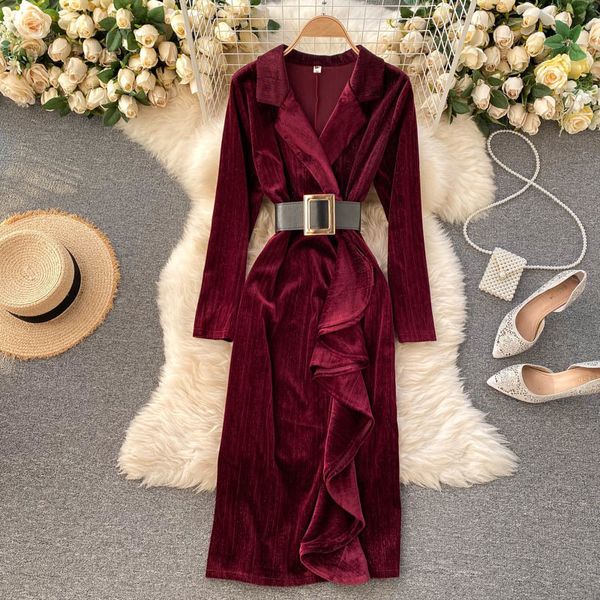

2021 new retro female singiny dressed in elegant solid turtleneck carved long dress fine autumn frilly velvet gowns 2kyu, Black;gray
