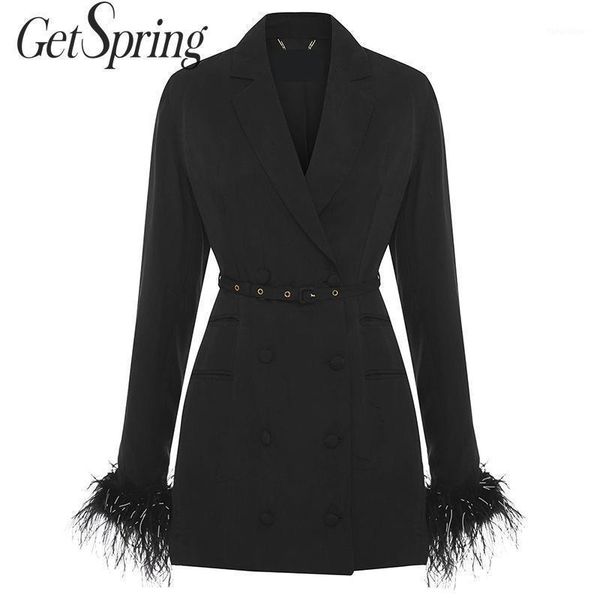 

getspring women blazer long black feather blazer jackets belt bandage women blazers jackets vintage coats new spring, White;black