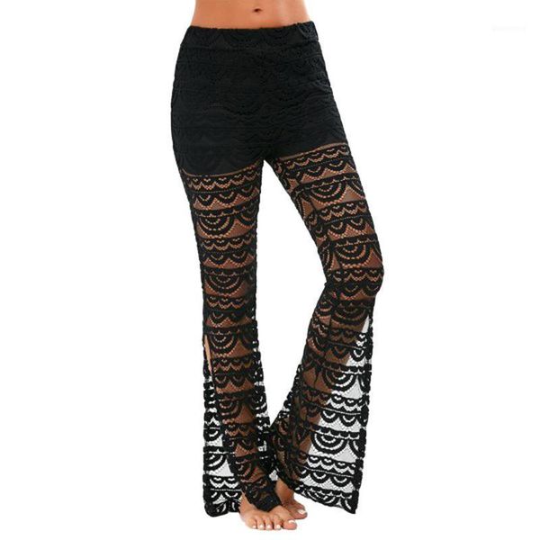 

women's pants & capris women pant casual fashion solid mid-waist lace spliced hollow out long loose flared summer plus size pants#w301, Black;white