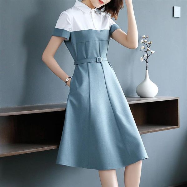 

womens dress 2019 summer new fashion short sleeved stitching lapels dress slim waist professional temperament drop shipping, Black;gray
