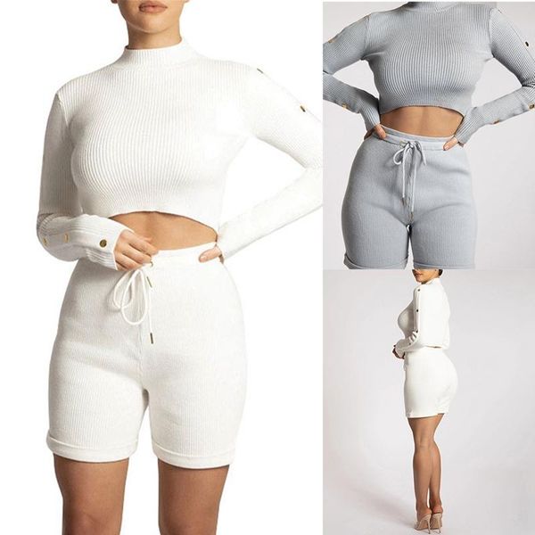 

women's tracksuits long-sleeved crop lace-up stretch shorts casual 2-piece fashion suit autumn, Gray