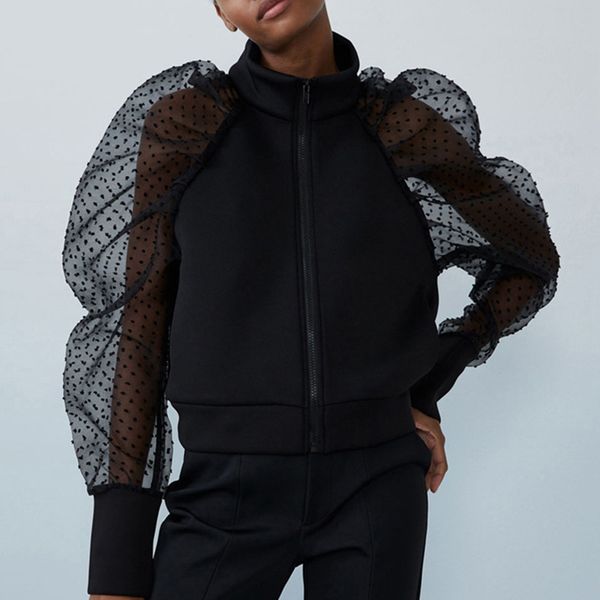 

women soft comfortable loose half turtleneck stitching lace polka dot bubble long sleeve jackets, Black;brown