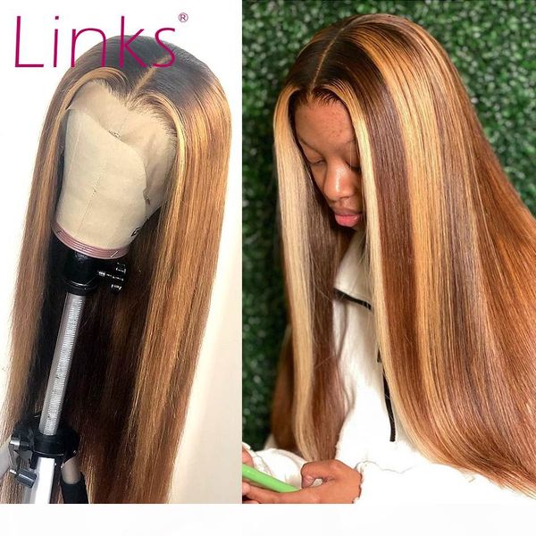 

links lace front human hair wigs for women straight brazilian remy highlight ombre 27 brown frontal wig pre plucked, Black