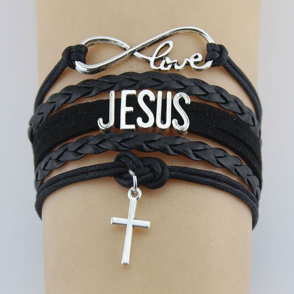 Unendlichkeit Liebe Jesus Kreuz Charm Armbänder Religiöser Glaube Leder Wickelseil Männer Armbänder Armreifen für Frauen Schmuck
